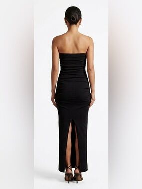 DISSH Black Strapless Ruched Knit Tube Maxi Bodycon Dress Back/Front Slit XS